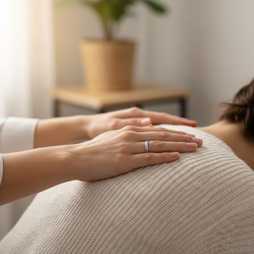 Gros plan sur les mains d'un thérapeute posées délicatement sur le dos d'un patient, dans une ambiance de cabinet calme et rassurante.