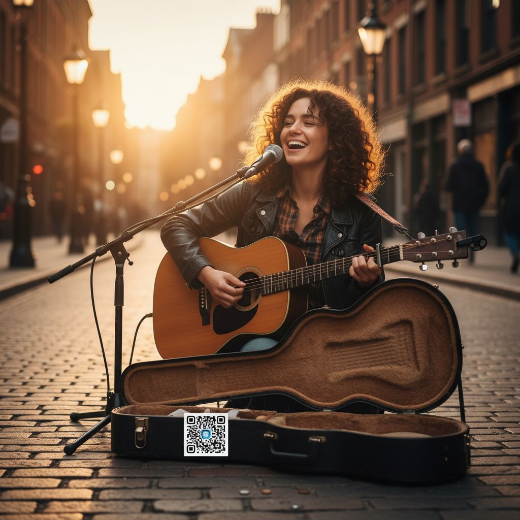 Picture a musician with tons of charisma, playing guitar on a city street as the sun goes down, with a QR code stuck right on their guitar case. The main thing you see is the pure joy on the artist's face.
