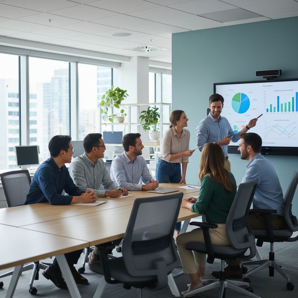 Une équipe de PME collaborant avec enthousiasme, libérée des tâches administratives complexes.