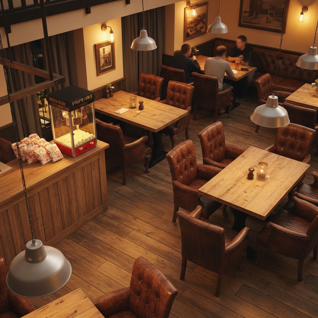 Intérieur chaleureux du Bonanza Pub, avec des tables en bois rustiques, les chaises historiques du Lion d'Or, et une machine à pop-corn vintage dans un coin.