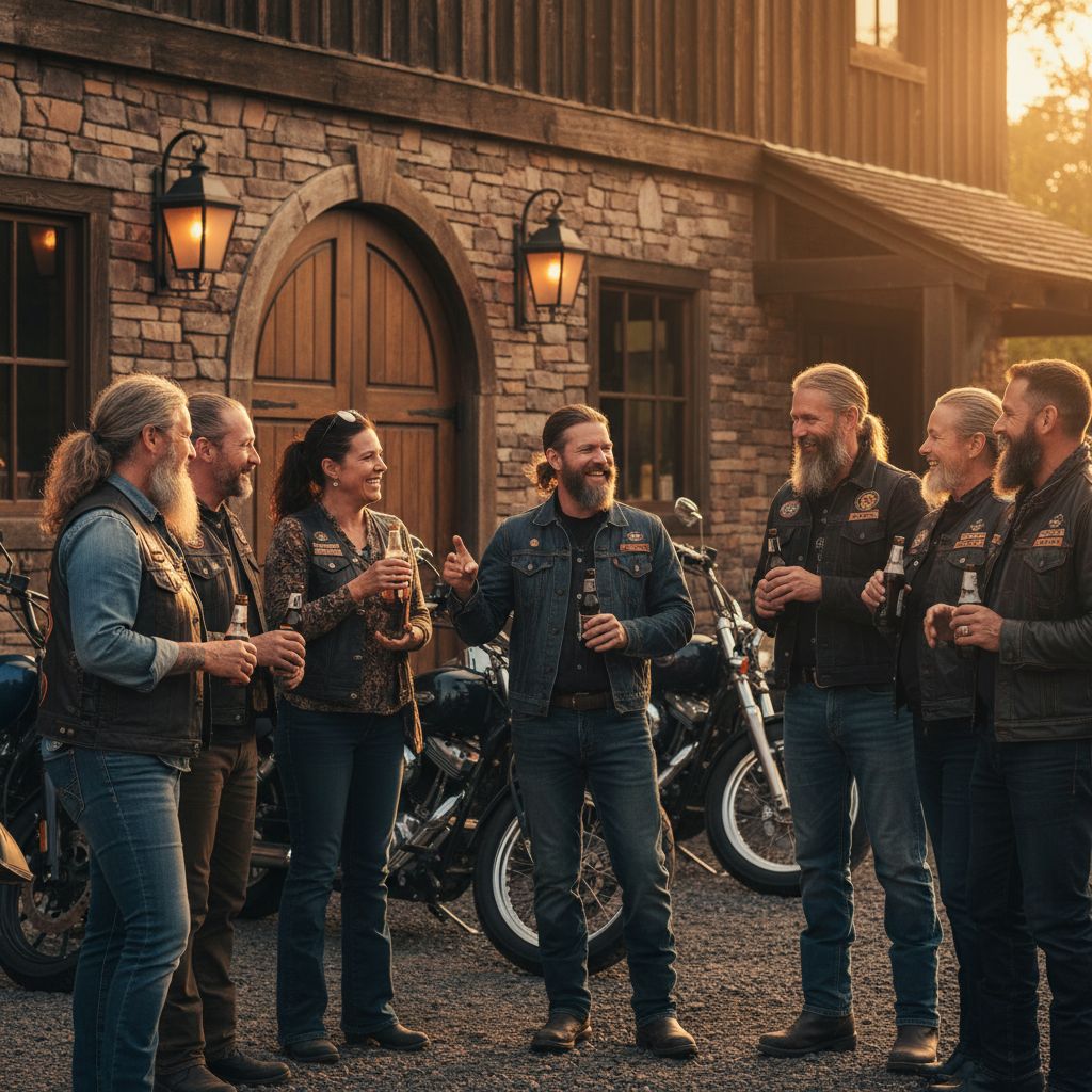 Un groupe de motards diversifiés, souriants et discutant devant un pub au style américain rustique, sous la lumière du soir.