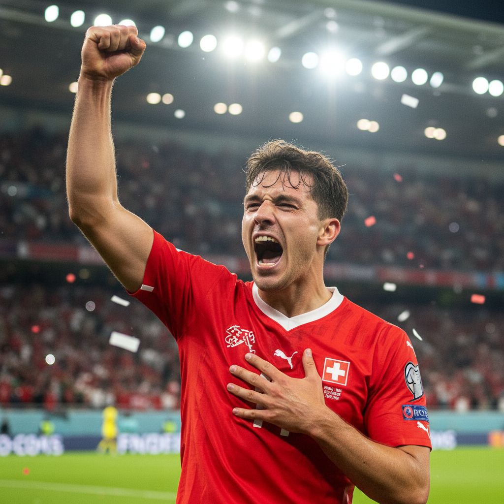 Un joueur de l'équipe de Suisse de football célébrant un but avec passion, le poing levé, sous les lumières du stade.