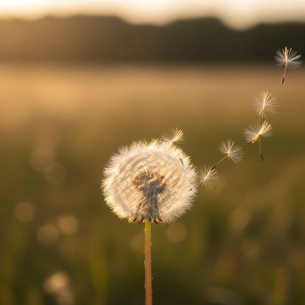 Une fleur de pissenlit dont les graines s'envolent au vent, une image douce et poétique qui évoque l'espoir, un nouveau départ et la fertilité.