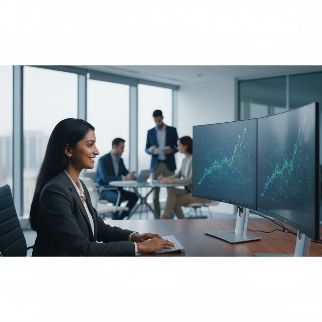 Picture a professional at a sleek desk, smiling as they look over monitors filled with positive growth charts and network maps. It's all about that feeling of efficiency and success.