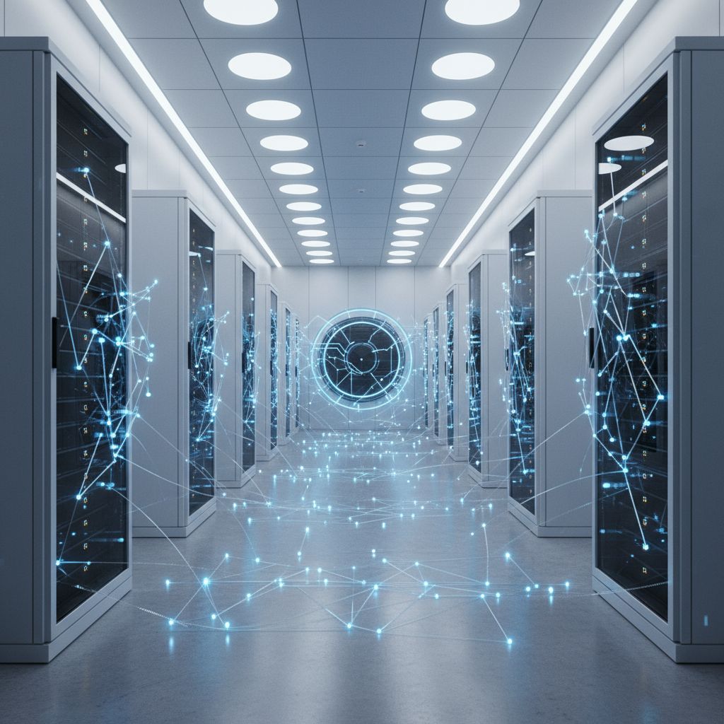 A futuristic image showing interconnected data nodes and networks, representing the intelligent web-crawling capability of AI for backlink prospecting. The style is abstract and technological.