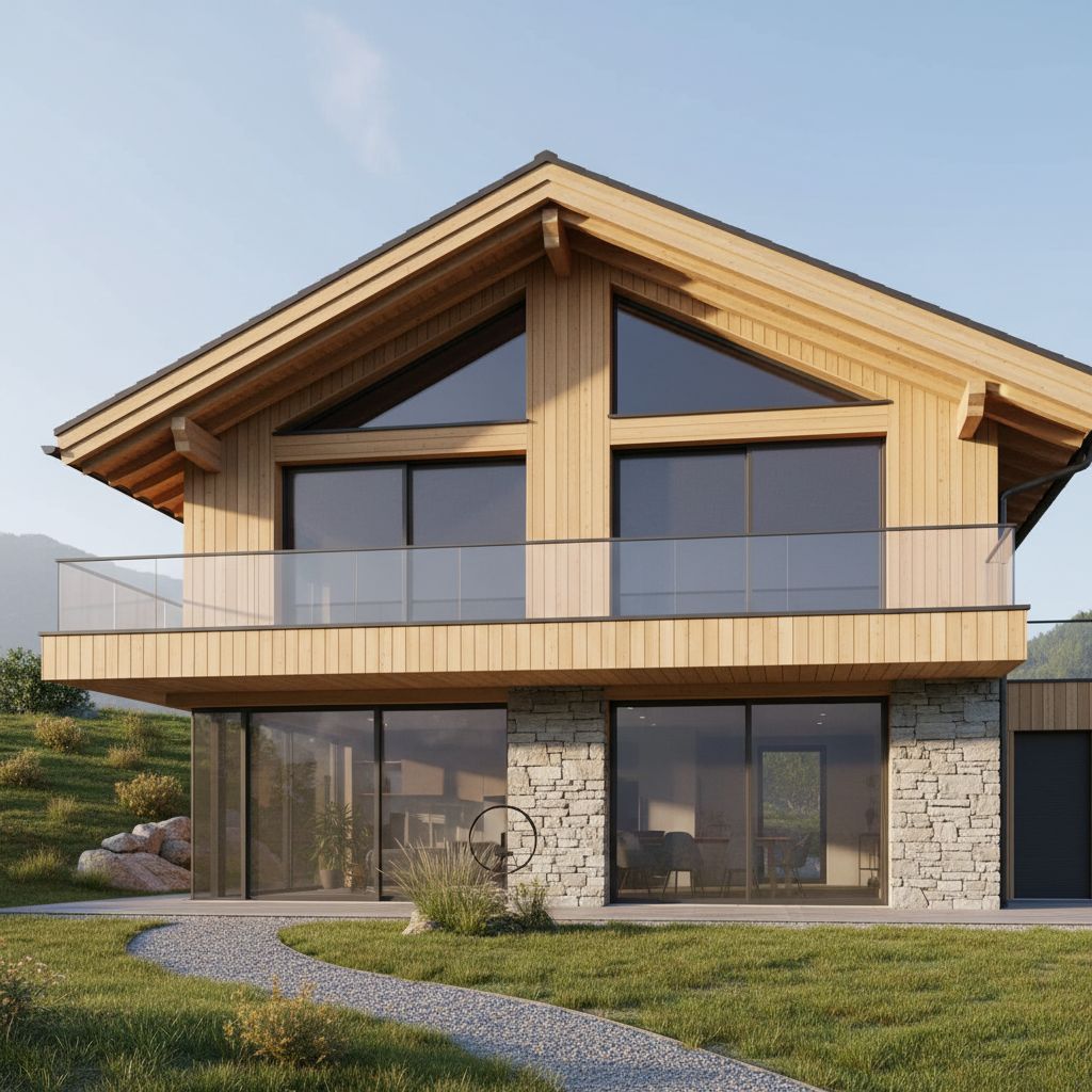 Une vue extérieure d'une maison de style suisse moderne avec des fenêtres équipées de moustiquaires discrètes et élégantes, se fondant parfaitement dans l'architecture.