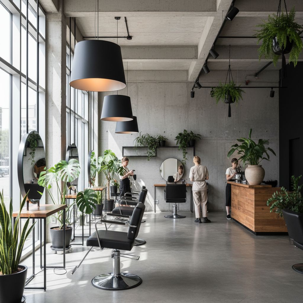 Un salon de coiffure au style industriel chic, rempli de plantes vertes et éclairé par des suspensions design au-dessus des postes de coiffage.