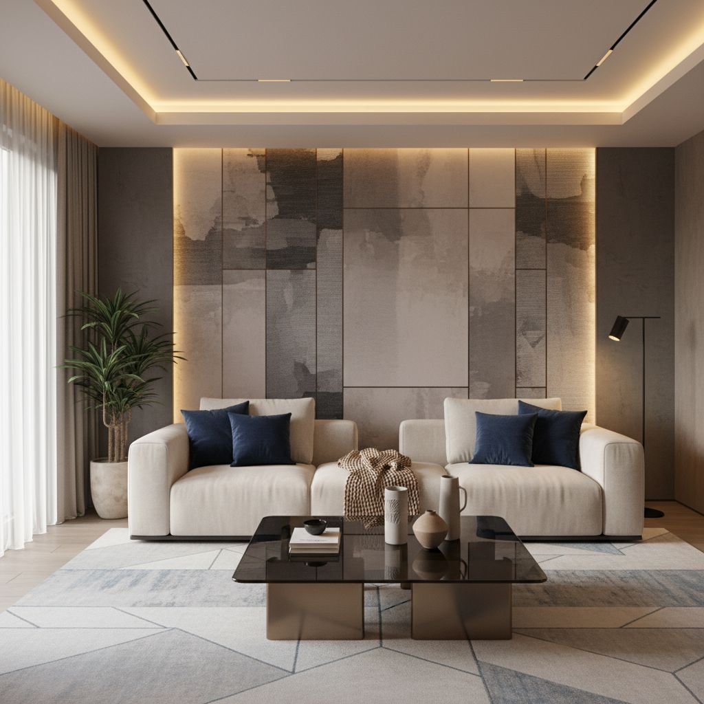 Un salon moderne et élégant avec un éclairage d'ambiance chaleureux, mettant en évidence une décoration murale texturée et un canapé confortable.