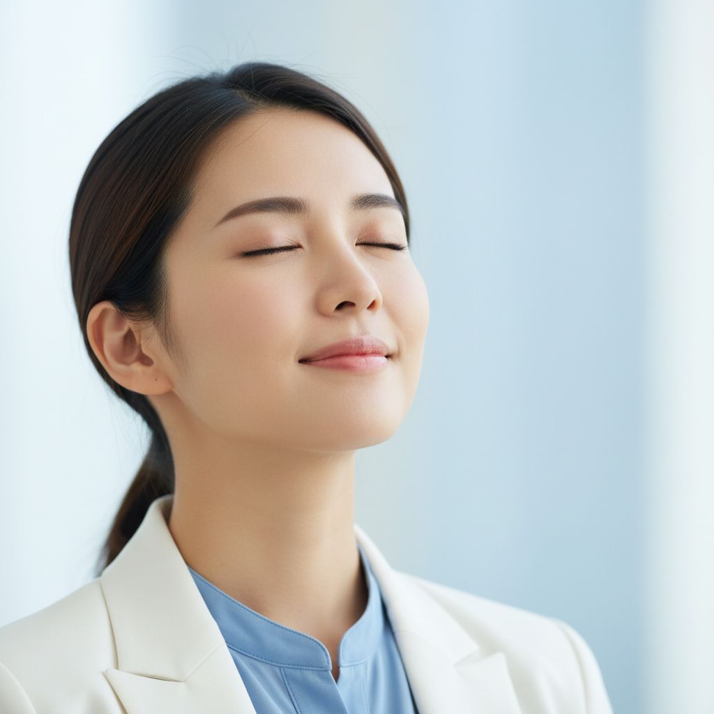 Une femme apaisée, les yeux fermés, symbolisant la libération de la douleur chronique grâce à une approche holistique et ostéopathique.