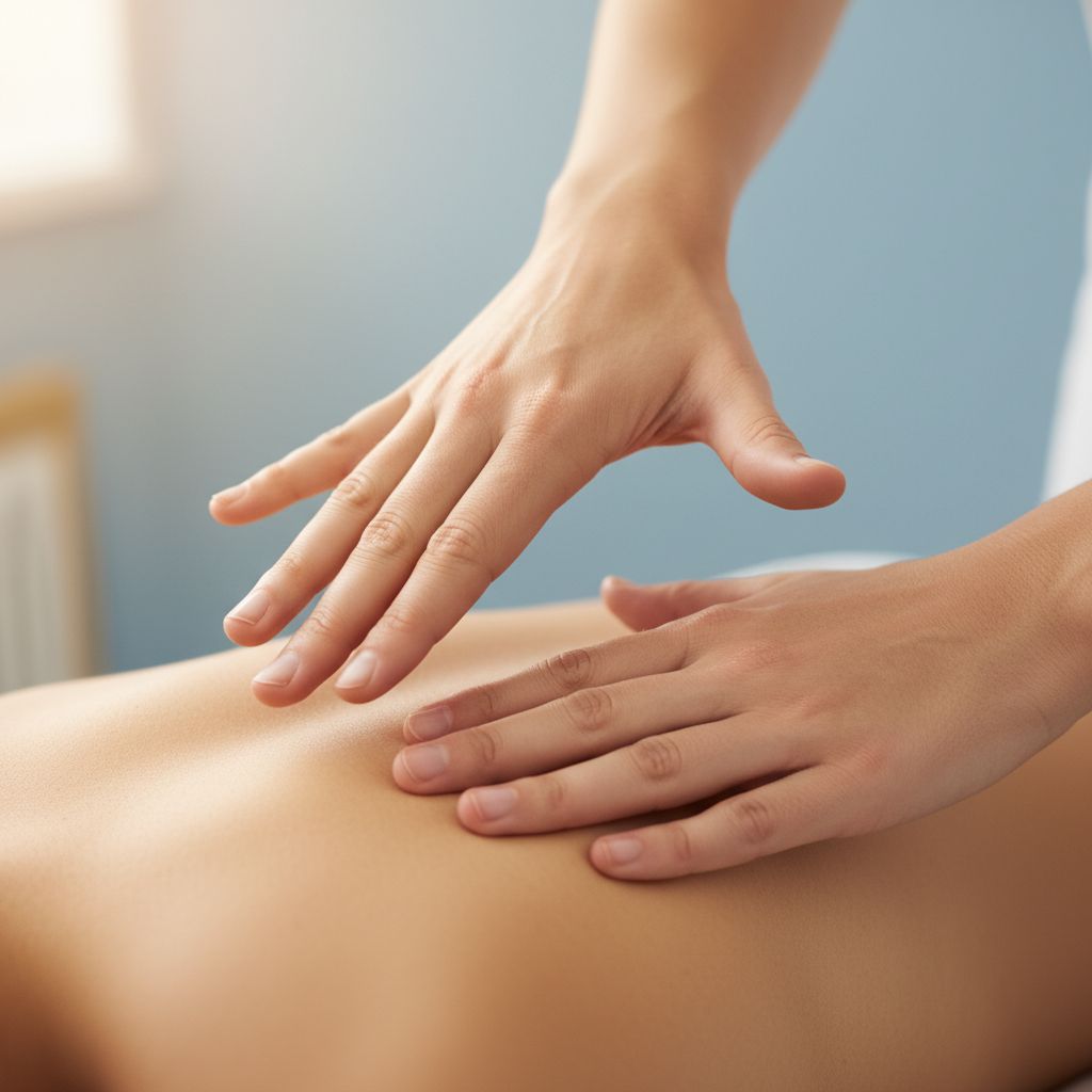 Des mains d'ostéopathe appliquant une technique douce sur le dos d'un patient, illustrant le soin personnalisé et la recherche de la mobilité.