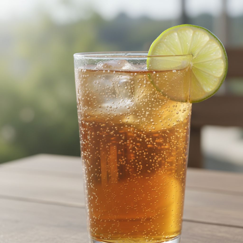 Gros plan sur un verre de Grano Maté bien frais et pétillant, avec une tranche de citron vert qui souligne son côté naturel et désaltérant.