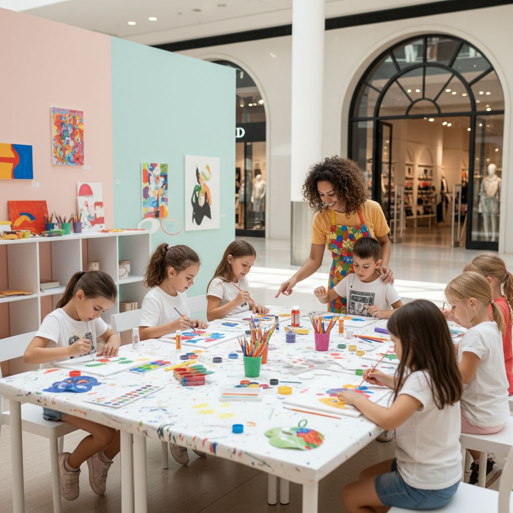 Children happily playing in a creative workshop inside a shopping mall. They are painting and making crafts, supervised by a friendly animator.