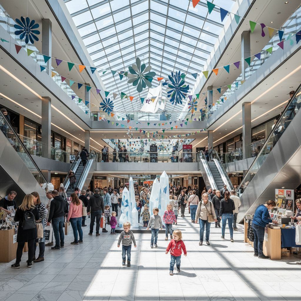 A vibrant and modern shopping mall in Switzerland, bustling with families and shoppers enjoying a special event with colourful decorations.
