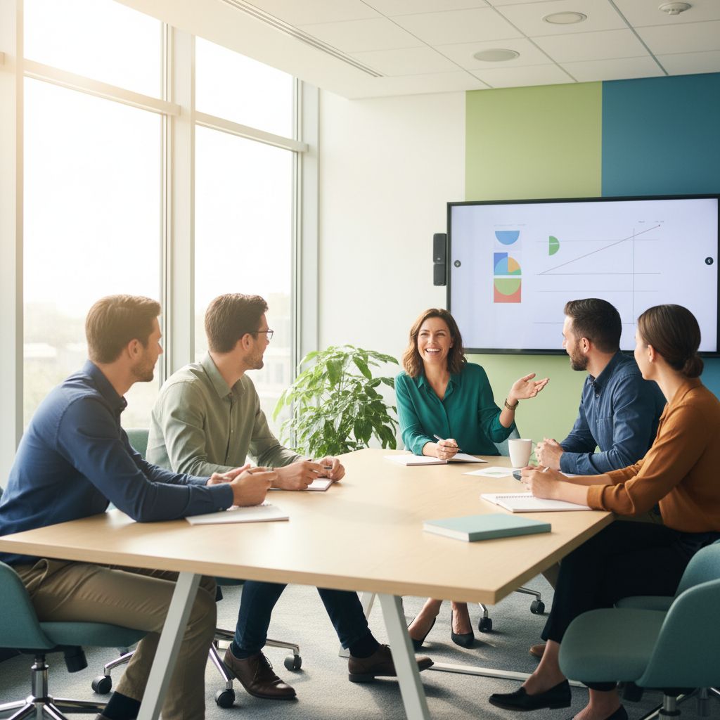Une équipe de PME en réunion de brainstorming, le dirigeant étant serein car la gestion administrative est déléguée.