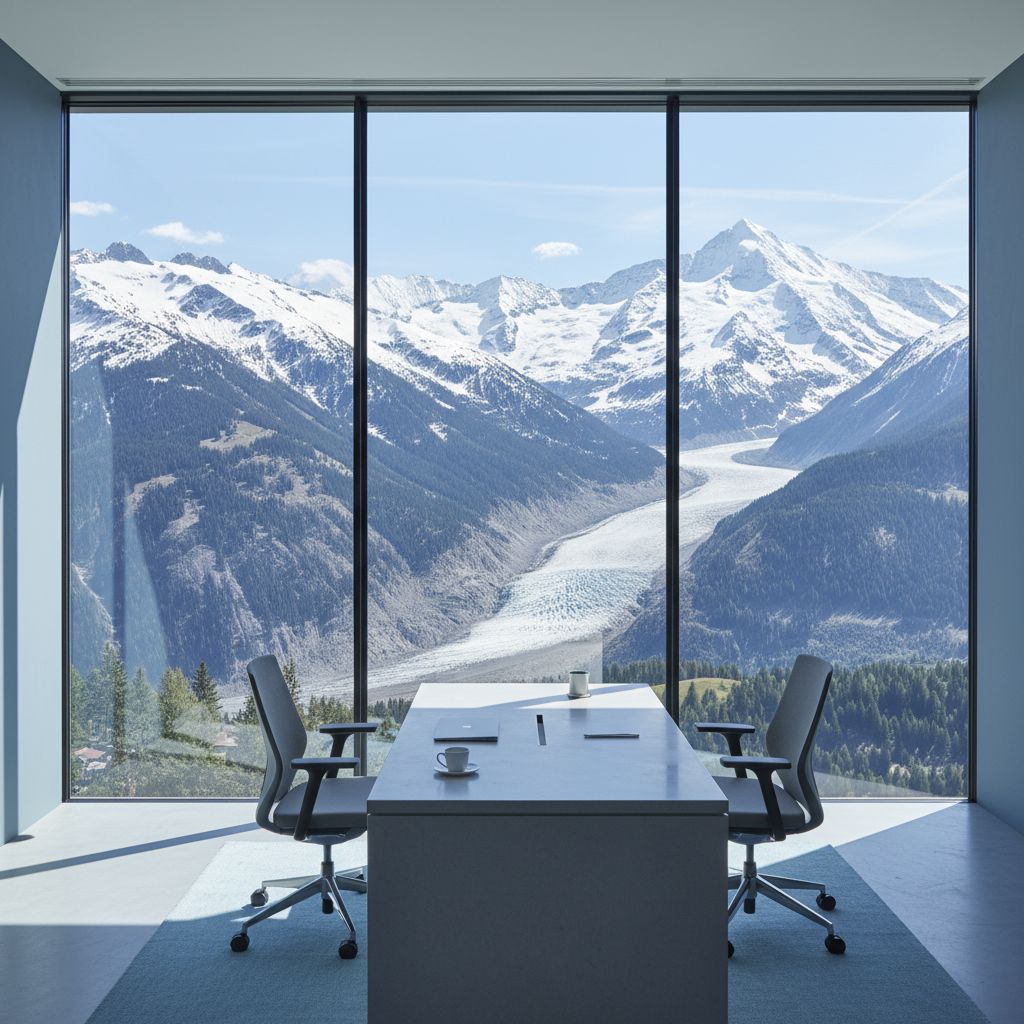 Un bureau moderne baigné de lumière, avec les montagnes suisses en toile de fond. L'image évoque la clarté et la vision que peut apporter un expert fiduciaire.