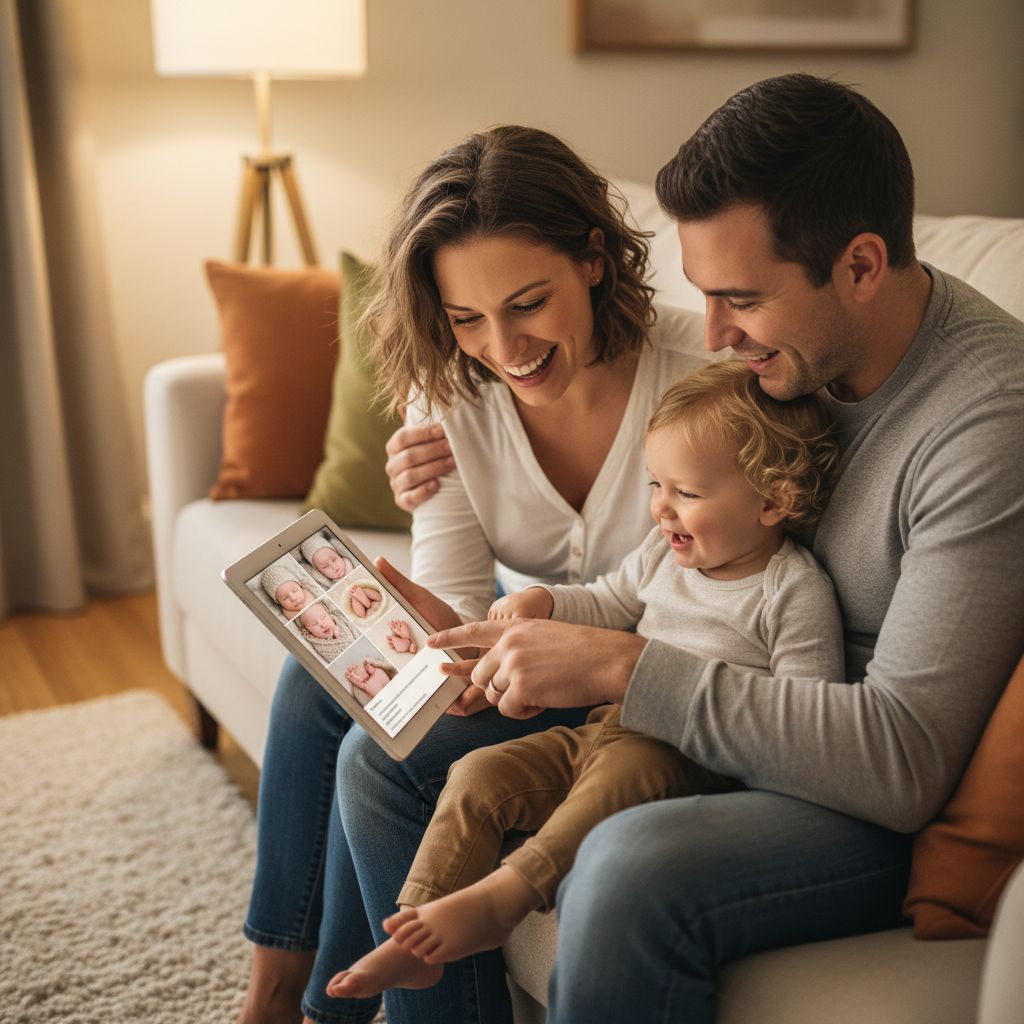 Une famille heureuse naviguant sur une galerie photo de nouveau-né sur une tablette, montrant la section des commentaires où les proches ont laissé des messages.