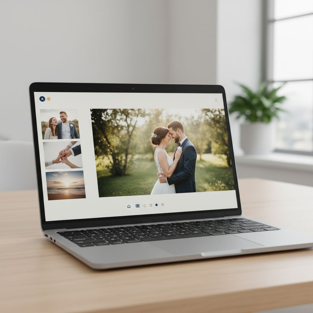 Imaginez une superbe galerie photo de mariage, toute personnalisée, qui s'affiche sur un écran d'ordinateur portable, avec un design élégant et une navigation hyper simple.