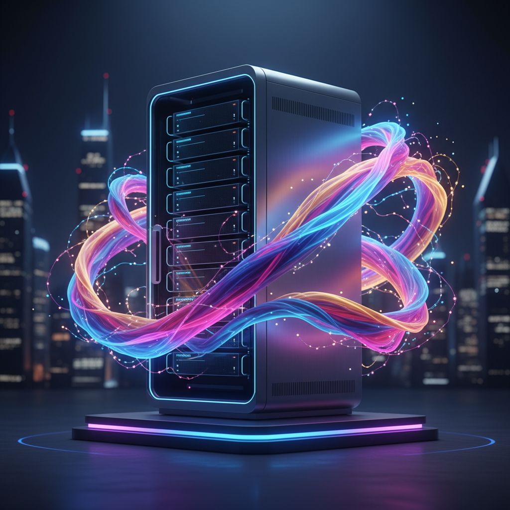 An abstract digital artwork with colorful, flowing lines of data and text that captures the idea of a unique brand voice blending with AI creativity.