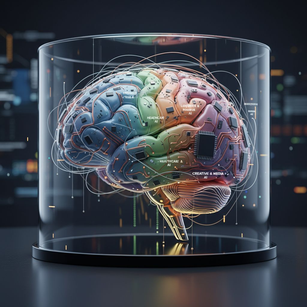 A digital drawing of a brain made of circuits, with certain areas glowing to represent how AI models can be specialized for different industries.