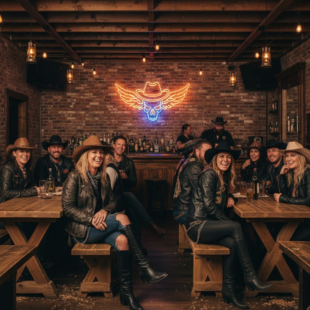 Intérieur animé d'un bar de style cowboy et motard, avec des gens qui rient autour de tables en bois rustiques, un néon éclairant un mur de briques et une ambiance chaleureuse.