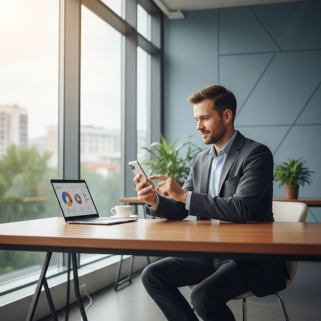 Un professionnel élégant consulte son smartphone dans un bureau moderne et lumineux, symbolisant la productivité et l'apprentissage mobile.