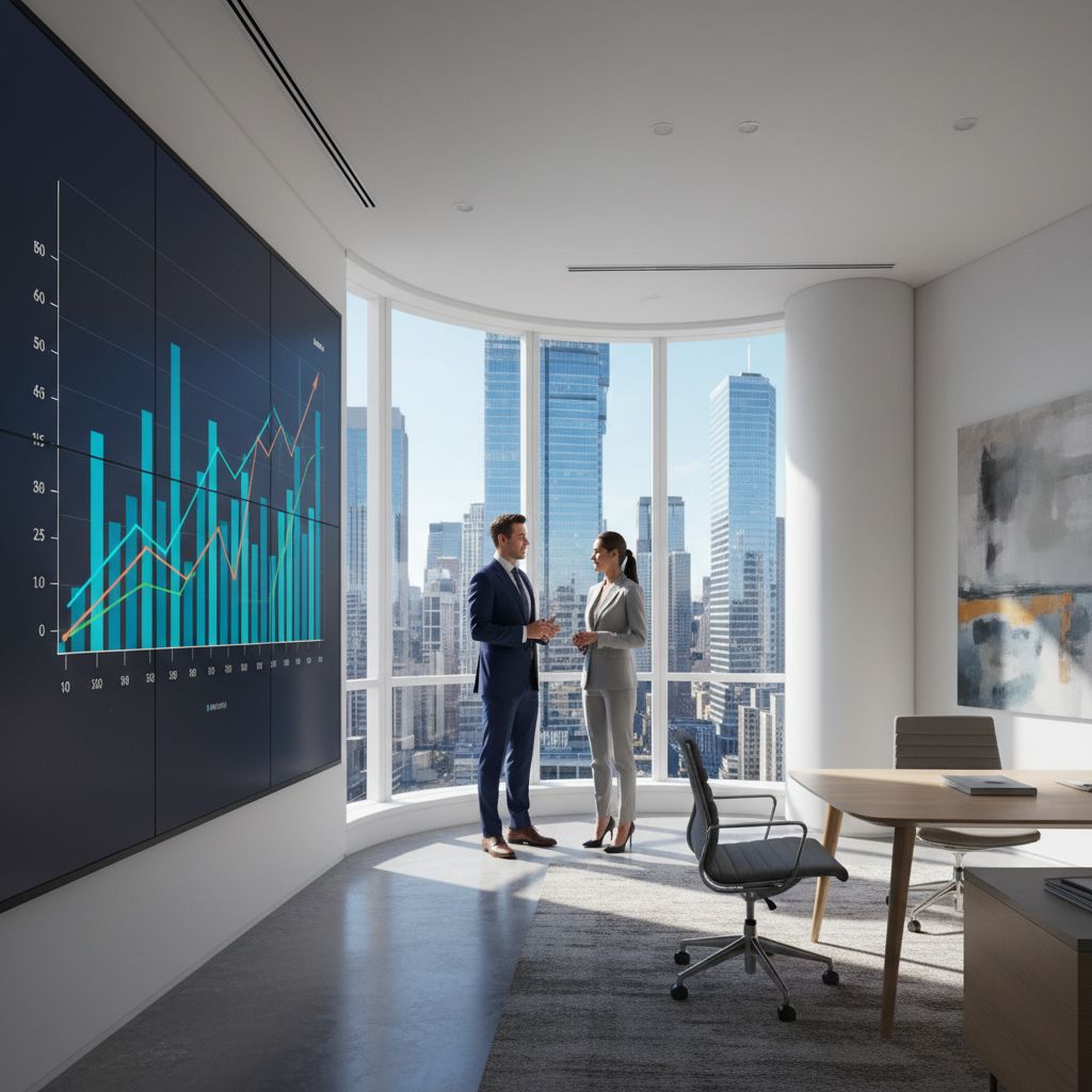 Un bureau de direction moderne et lumineux, avec une grande baie vitrée qui donne sur une ville. L