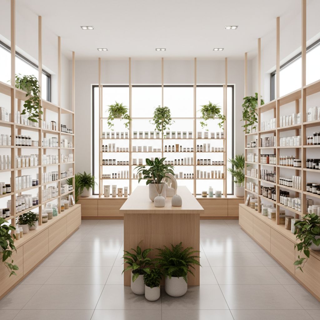 Intérieur lumineux et moderne d'une pharmacie avec des étagères en bois clair remplies de produits de bien-être et de plantes vertes, créant une atmosphère accueillante et sereine.