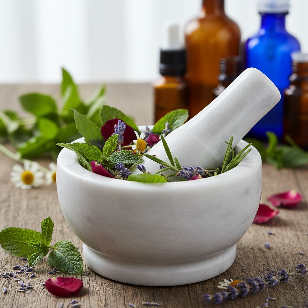 Un mortier et un pilon en marbre contenant des herbes médicinales fraîches et des fleurs séchées, avec des flacons d'huiles essentielles en arrière-plan, illustrant la préparation de remèdes naturels.