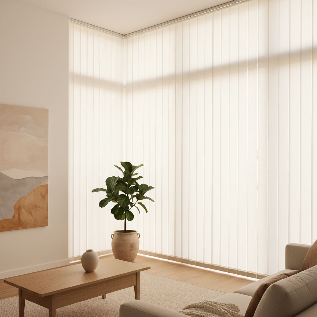 Un salon lumineux et moderne avec de grands stores plissés blancs sur mesure, laissant filtrer une lumière douce.