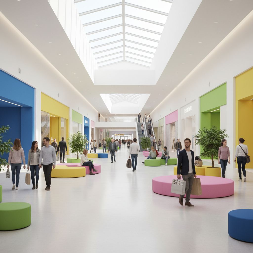 Vue intérieure d'un centre commercial moderne et lumineux avec des touches de couleurs vives sur les murs et le mobilier, évoquant la tendance des couleurs dopamine. Des gens se promènent et profitent de l'ambiance énergique.