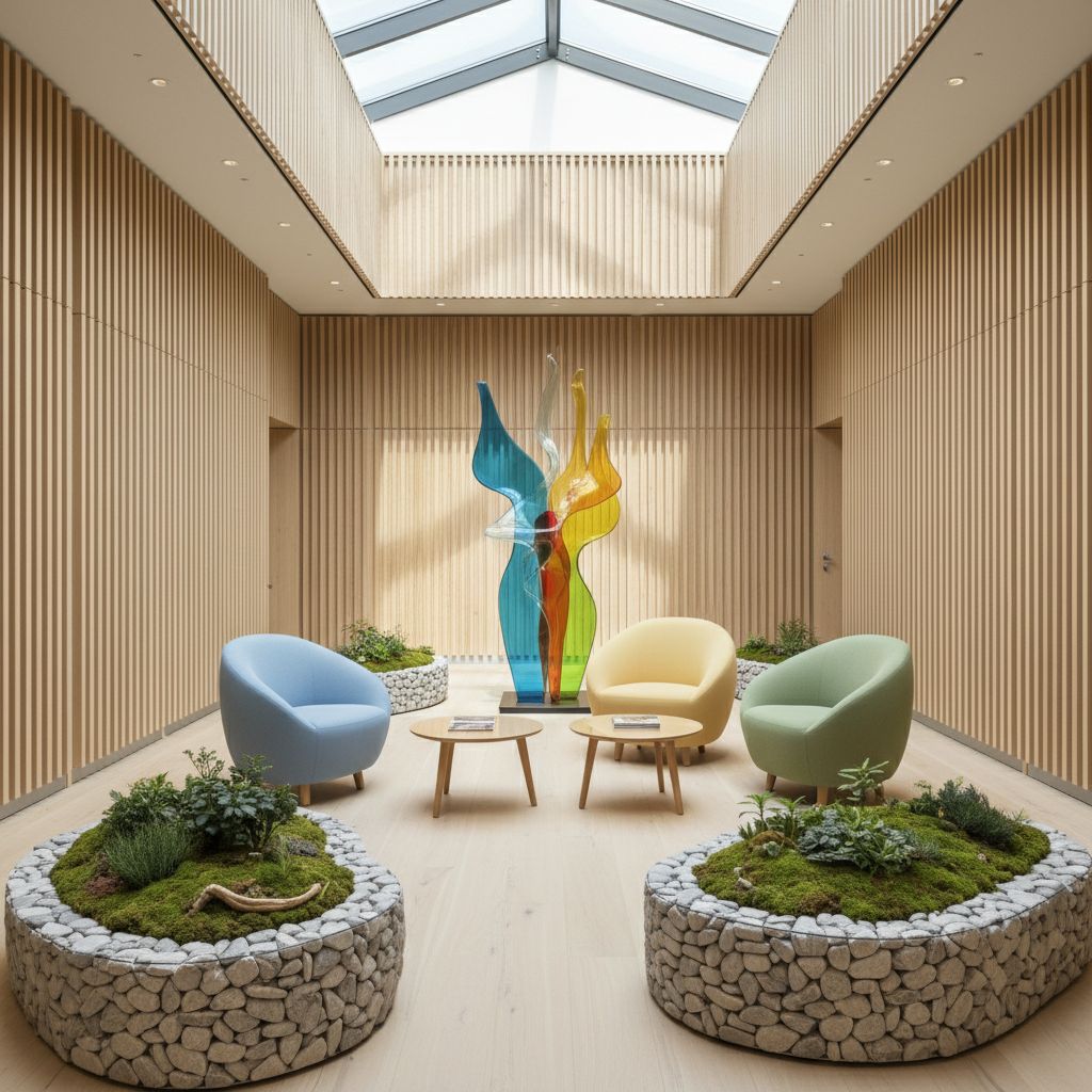 Un espace de détente dans un centre commercial suisse, illustrant un design moderne et épuré avec des matériaux naturels, mais rehaussé par une sculpture artistique en verre coloré et des fauteuils aux couleurs vives.