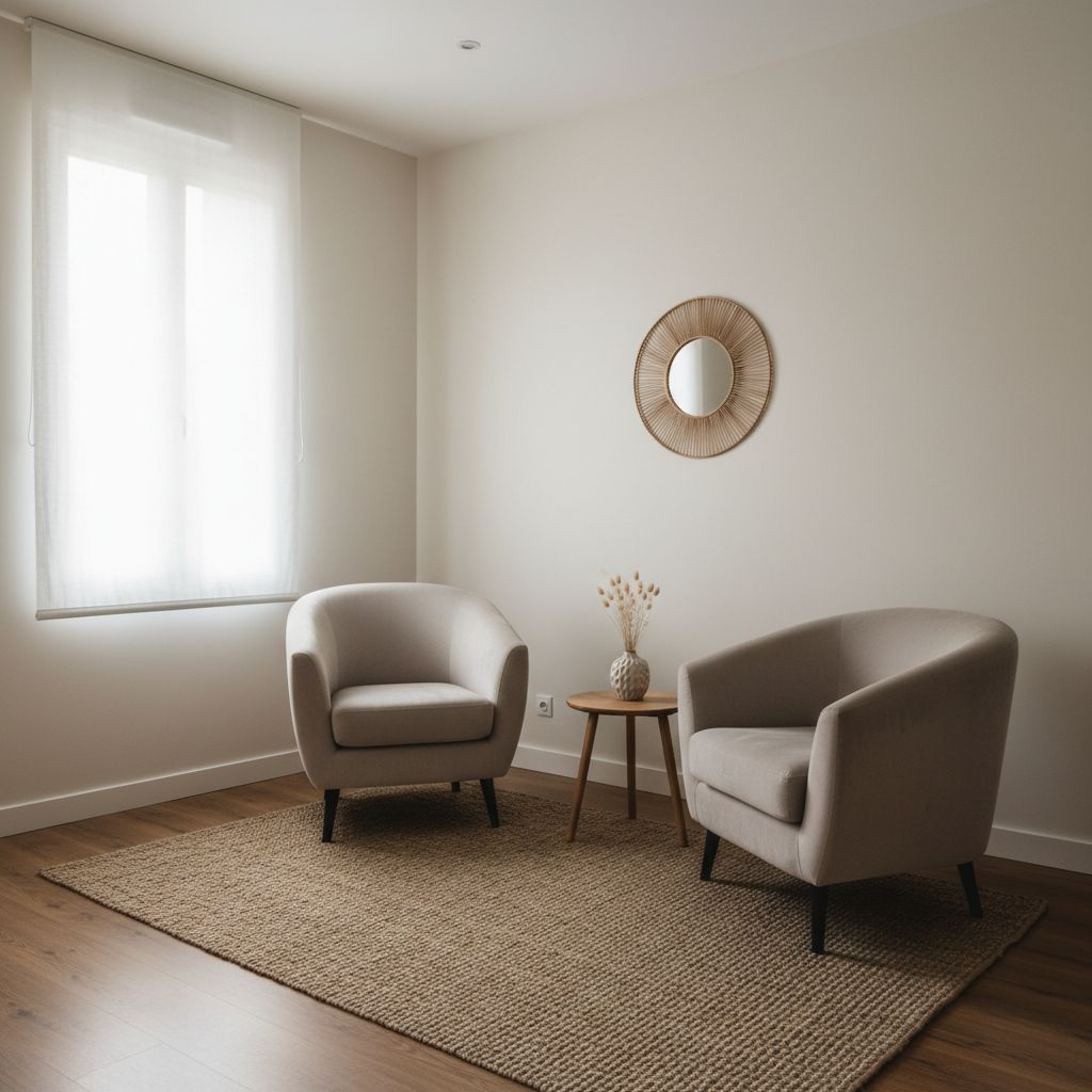 Une salle de thérapie calme et sereine à Vertou, avec des tons neutres, une lumière douce entrant par la fenêtre, et deux fauteuils confortables qui invitent à la conversation.