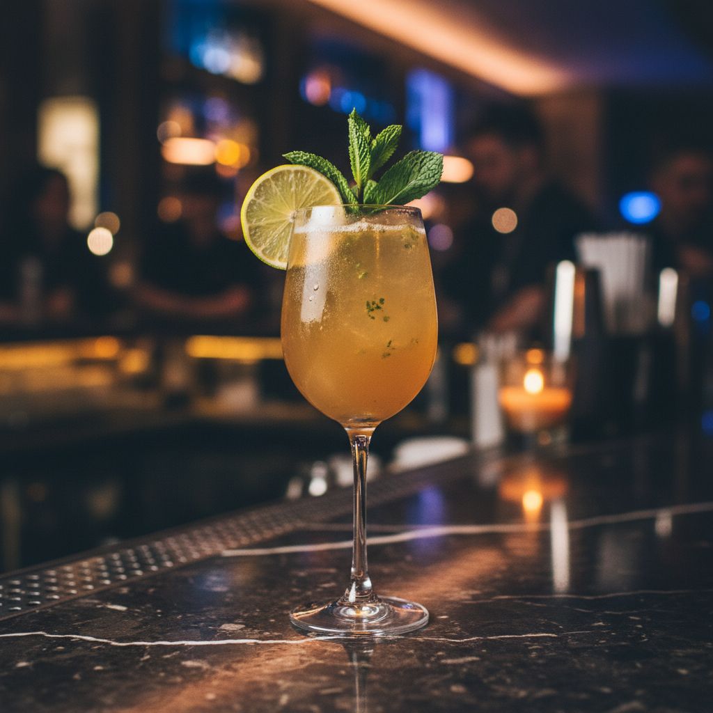 Un cocktail vibrant à base de Grano Maté servi dans un verre élégant, garni d'une tranche de citron vert et de feuilles de menthe, sur fond de bar animé.