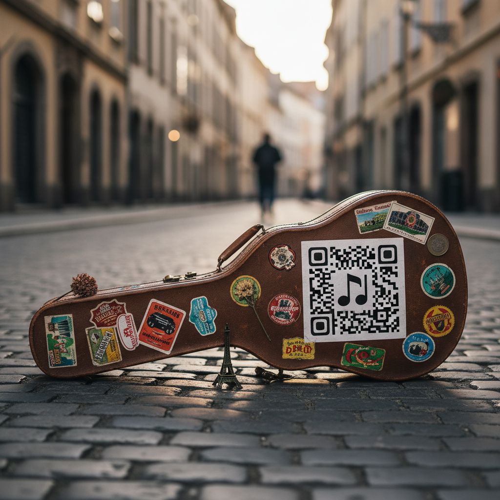 A musician's guitar case, covered in stories and stickers, with a custom QR code right on top for fans passing by on the street to scan.