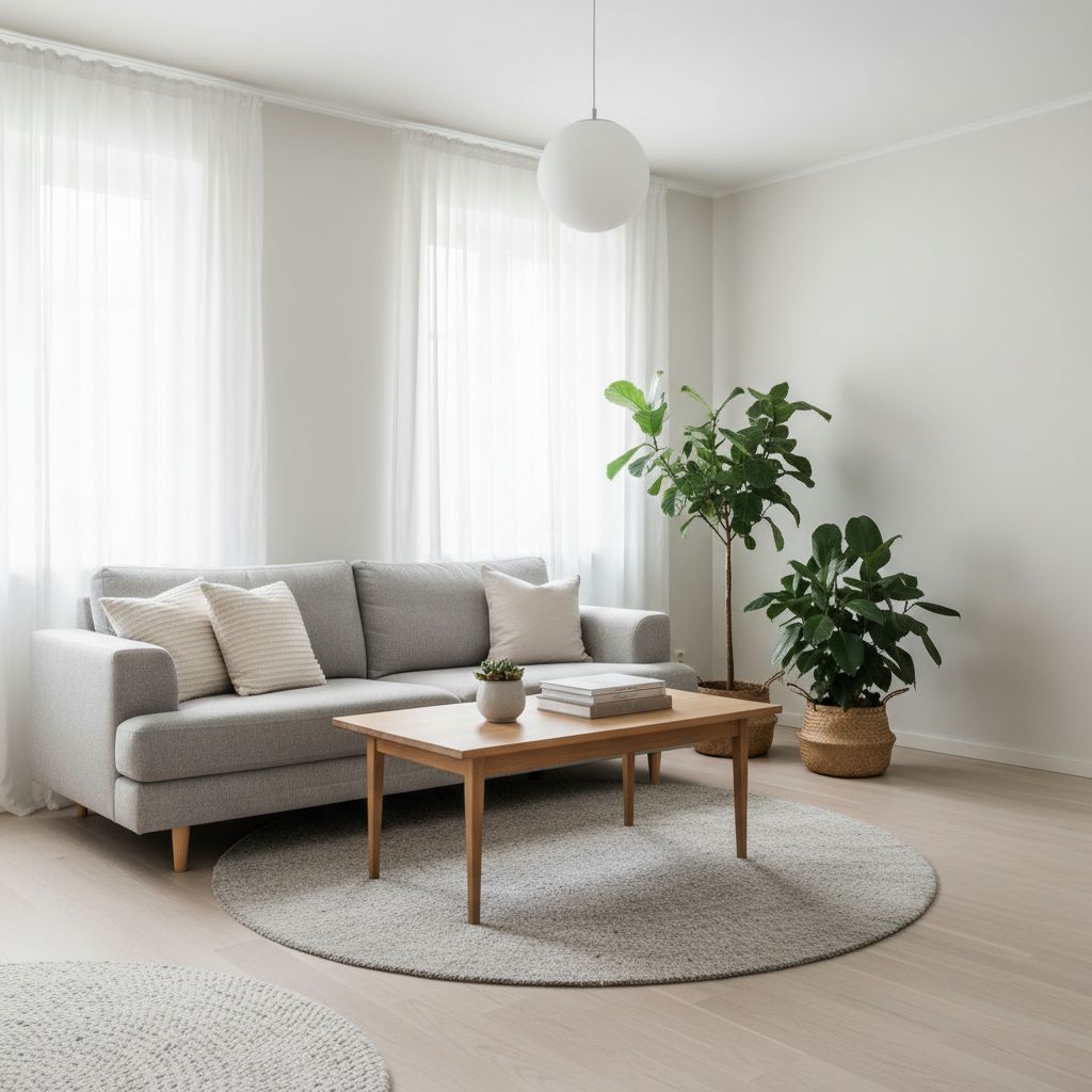 Un salon lumineux et épuré de style scandinave, avec un canapé gris clair, une table basse en bois et des plantes vertes, baigné de lumière naturelle.