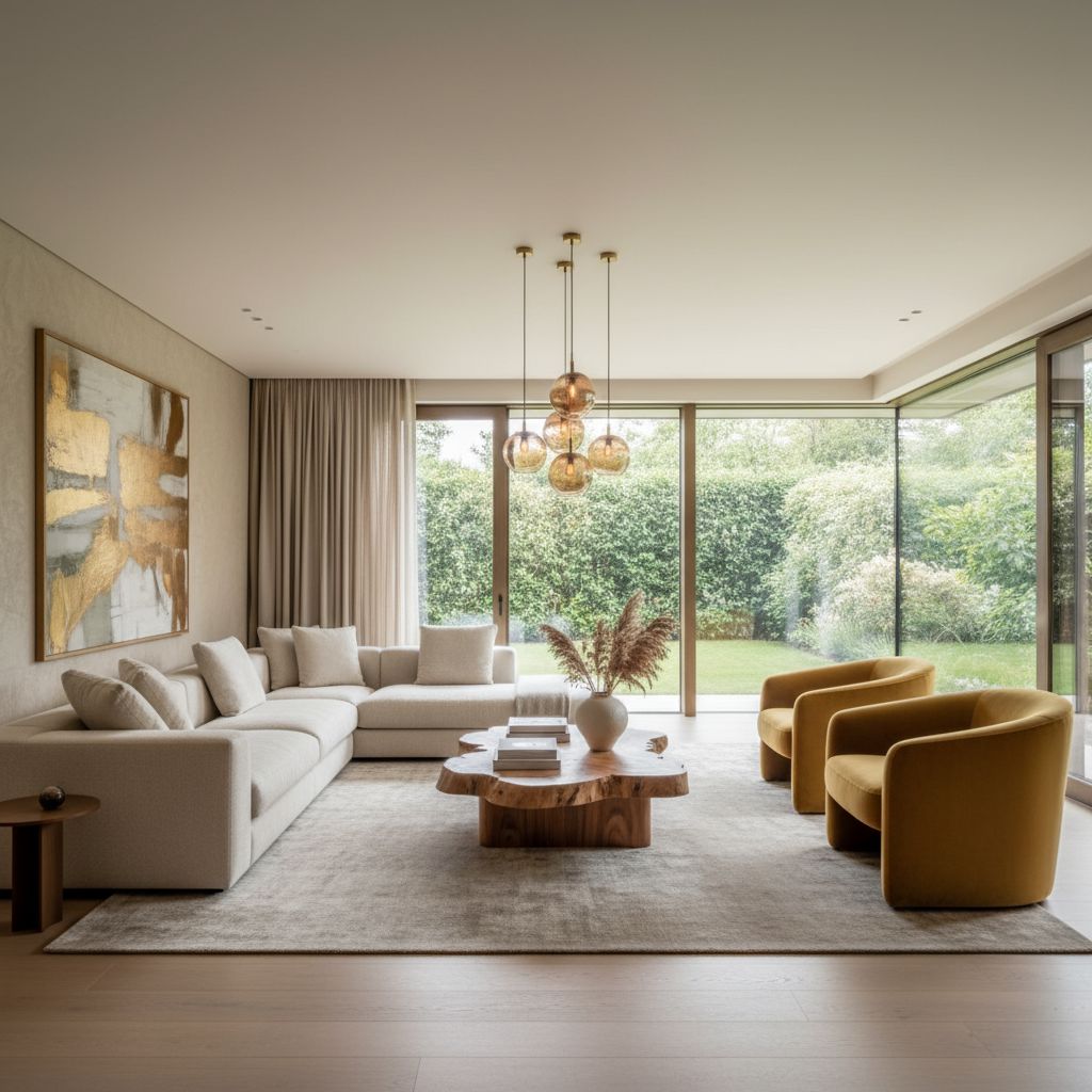 Un salon élégant et lumineux avec un canapé moderne, des fauteuils design et une table basse unique, illustrant un intérieur personnalisé et haut de gamme.