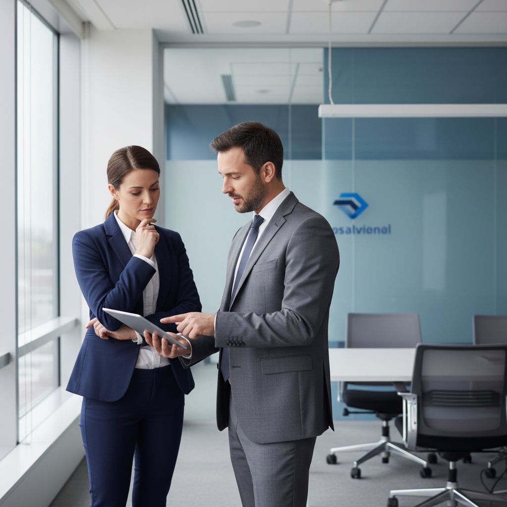 Deux experts en pleine discussion dans un bureau moderne, l'un montrant une tablette à l'autre. Une image qui illustre parfaitement le conseil stratégique allié à la technologie.