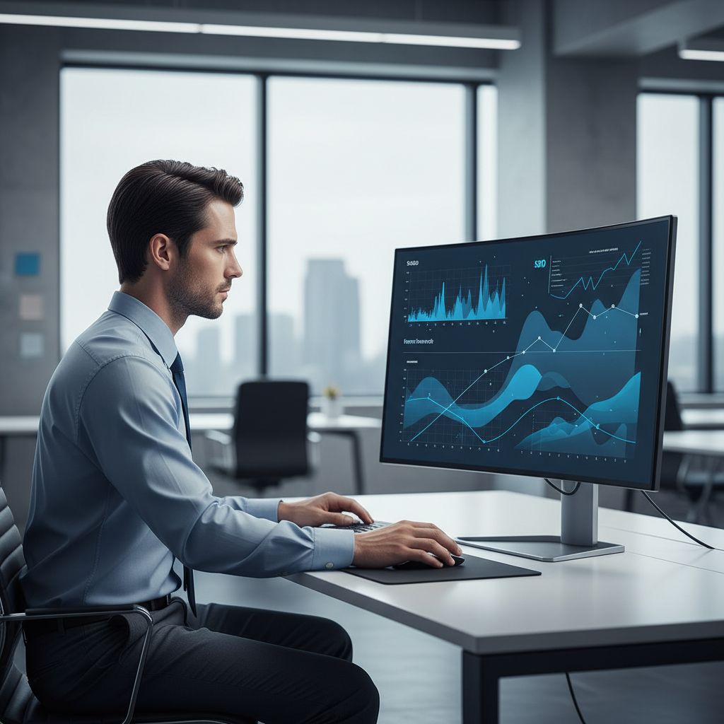 Une personne analysant des données SEO sur un écran, avec des graphiques de mots-clés et de classement en arrière-plan.