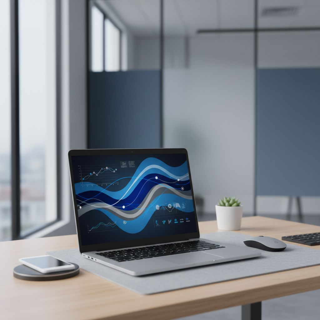 Un bureau de travail minimaliste, avec un laptop ouvert sur des graphiques de data, pour illustrer l'efficacité apportée par la technologie dans le marketing.
