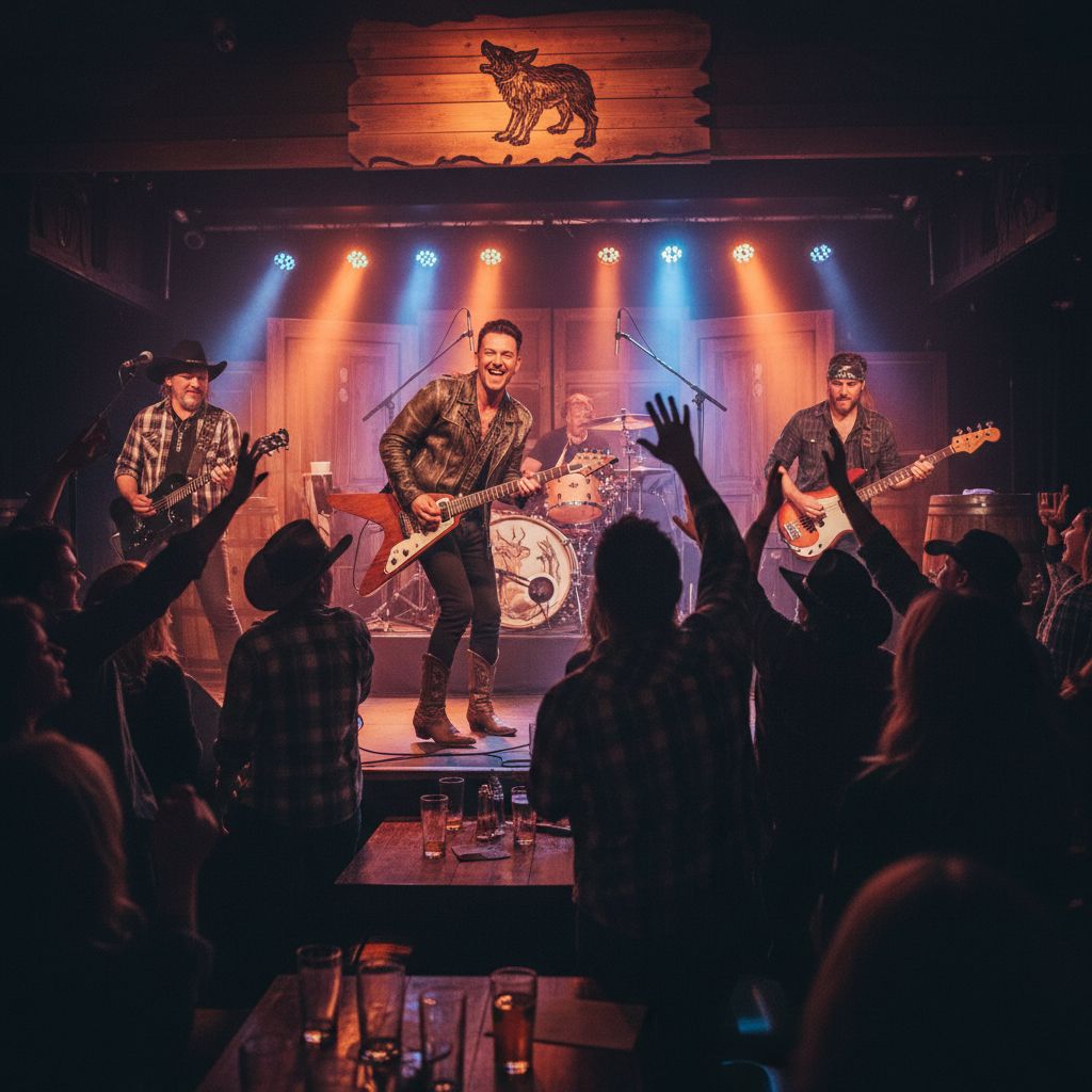 Un groupe de rock jouant avec énergie sur la scène du Bonanza Pub, avec le public qui les acclame dans une ambiance de style western.