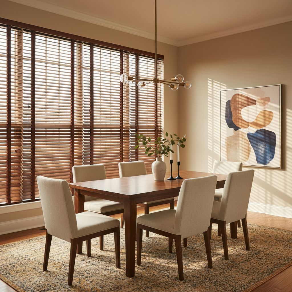 Une vue d'angle d'une salle à manger élégante avec de larges stores vénitiens en bois sombre qui complètent la table à manger en bois.