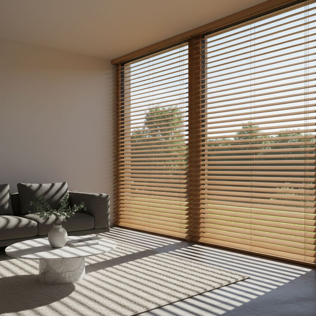 Un store vénitien en bois sur mesure habille la grande fenêtre d'un salon moderne, baigné de lumière. Le soleil est filtré, créant une atmosphère incroyablement douce et chaleureuse.