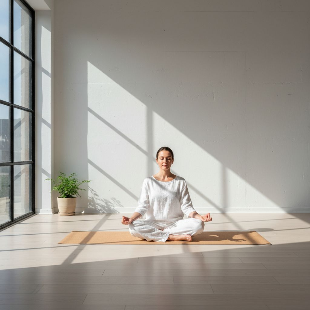 Une femme dans une posture de yoga paisible, dans un studio lumineux et minimaliste, le soleil entrant par la fenêtre.