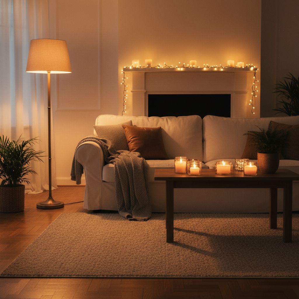 Un salon cosy avec plusieurs sources lumineuses tamisées, notamment une lampe sur pied, des guirlandes lumineuses et des bougies, créant une ambiance chaleureuse.