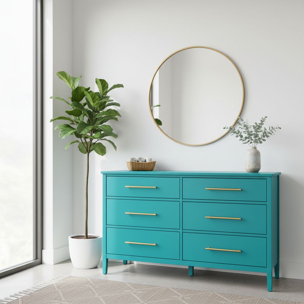 Une commode vintage repeinte dans une couleur bleu sarcelle vive, avec de nouvelles poignées en laiton, placée dans une entrée.