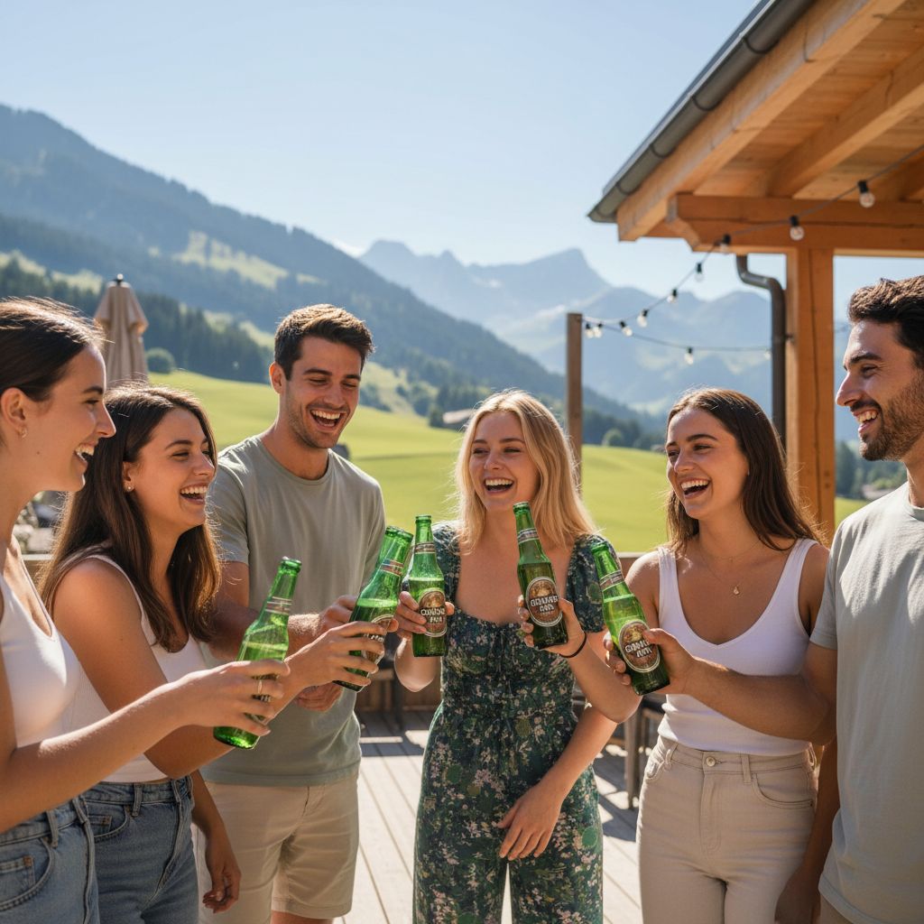 A vibrant, dynamic photo of young adults enjoying Grano Maté at an outdoor music festival or a sunny terrace bar in Switzerland.