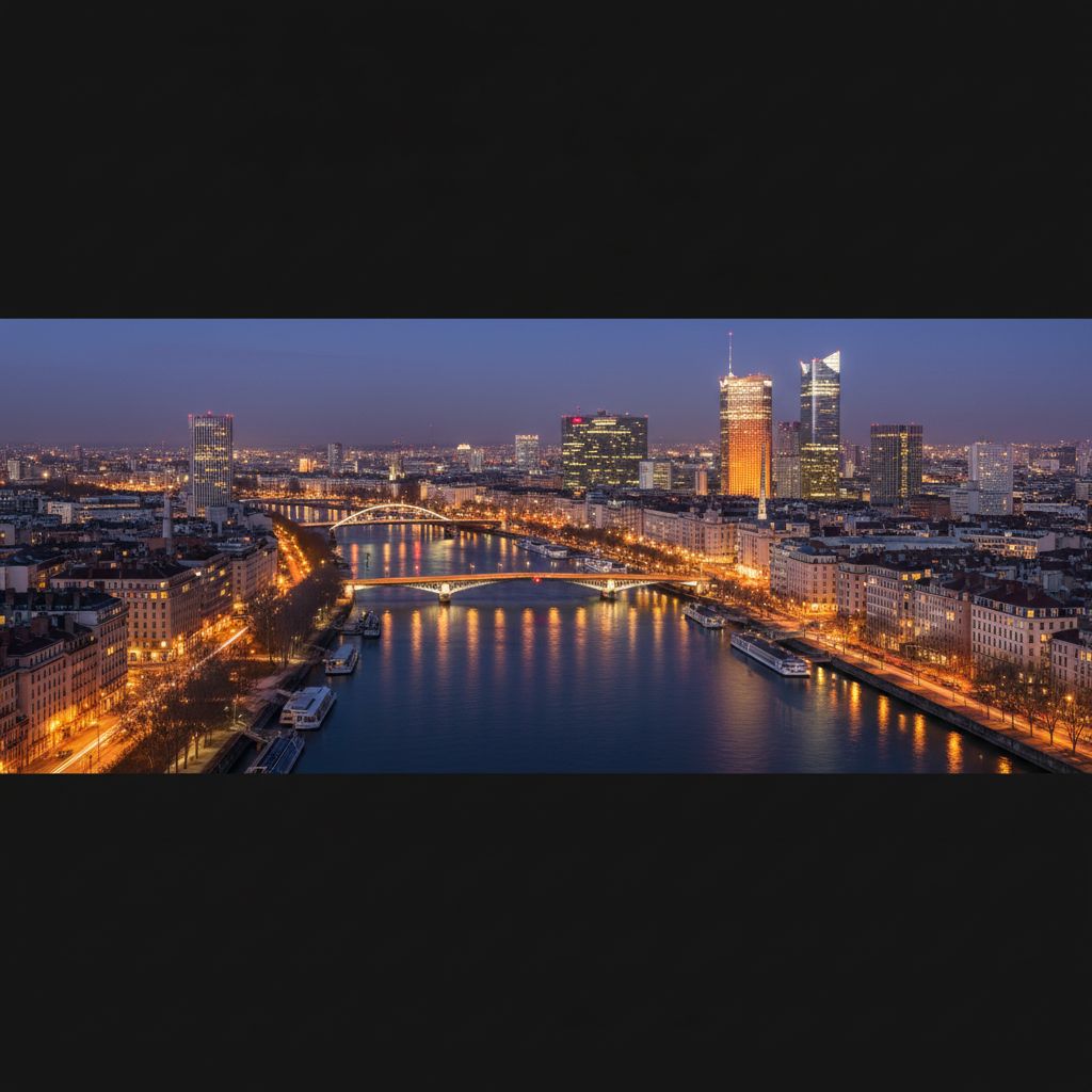 Vue panoramique de la ville de Lyon avec le fleuve Rhône au premier plan, sous un ciel de début de soirée, symbolisant le dynamisme économique et digital de la région.