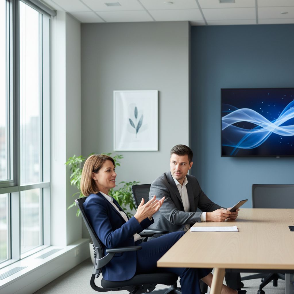 On voit un dirigeant de PME qui a l'air détendu, en conversation avec son conseiller financier. Le bureau est moderne, lumineux. L'idée, c'est de transmettre la confiance et la tranquillité d'esprit.