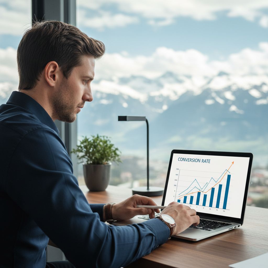 Un entrepreneur suisse concentré, analysant des graphiques de conversion sur son ordinateur portable dans un bureau moderne avec vue sur les montagnes.