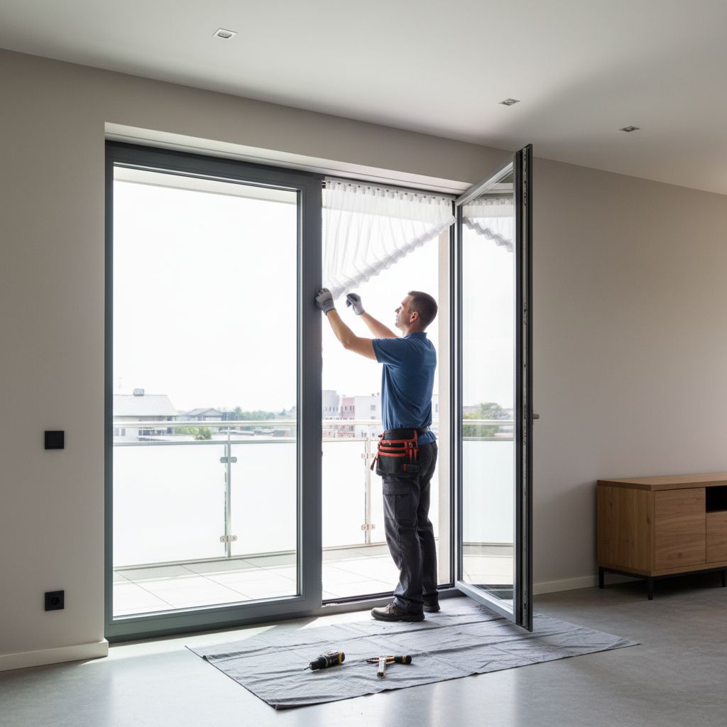Un artisan professionnel en tenue de travail installe avec soin une moustiquaire plissée sur mesure sur une grande porte-fenêtre moderne.